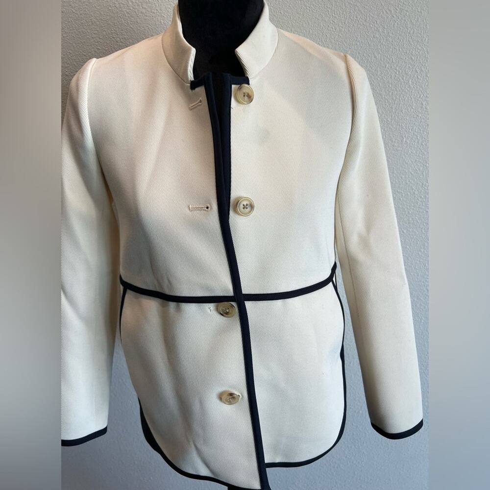 J.Crew Size 00P Button Up Cream Blazer with Black Trim at Waist and Bottom Hem